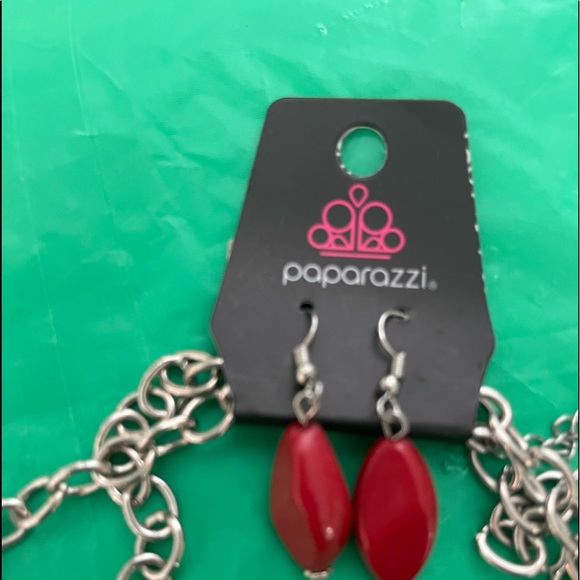 paparazzi Jewelry - Silver chain necklace set with red accents.